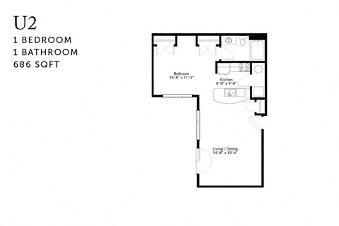 Floor plan for studio, 1 bath, 686 sqft